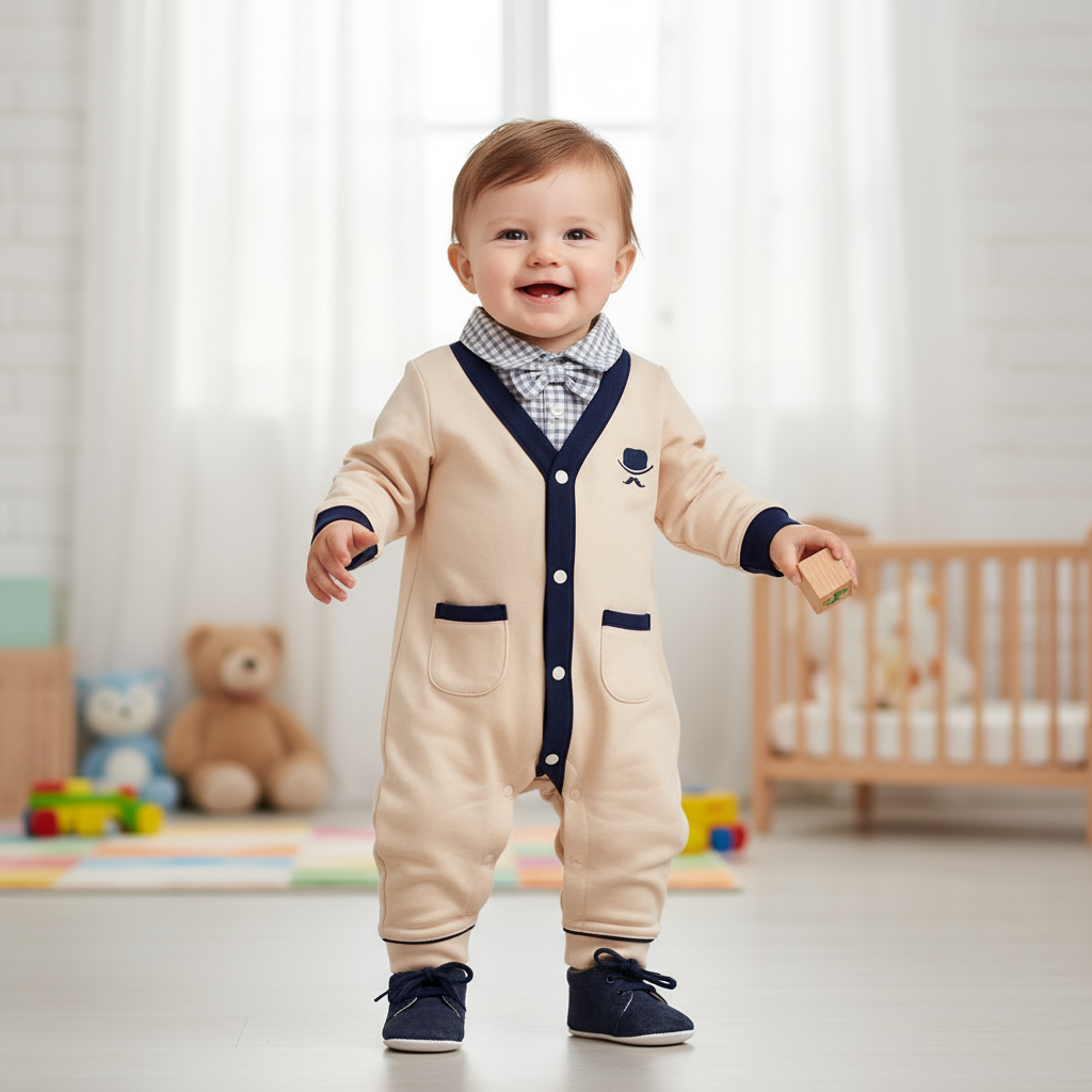 Adorable baby boy standing confidently in an Elegant Gentleman Style Baby Outfit - Beige Cotton Jumpsuit with Checkered Collar, perfect for any occasion.