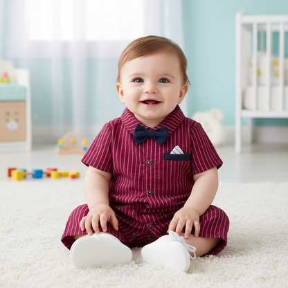 Smiling baby wearing the Adorable 1-Piece Red Striped Infant Clothing Jumpsuit With Bow Tie & Button-Up Front, sitting on a soft rug, highlighting this charming piece of striped infant clothing.