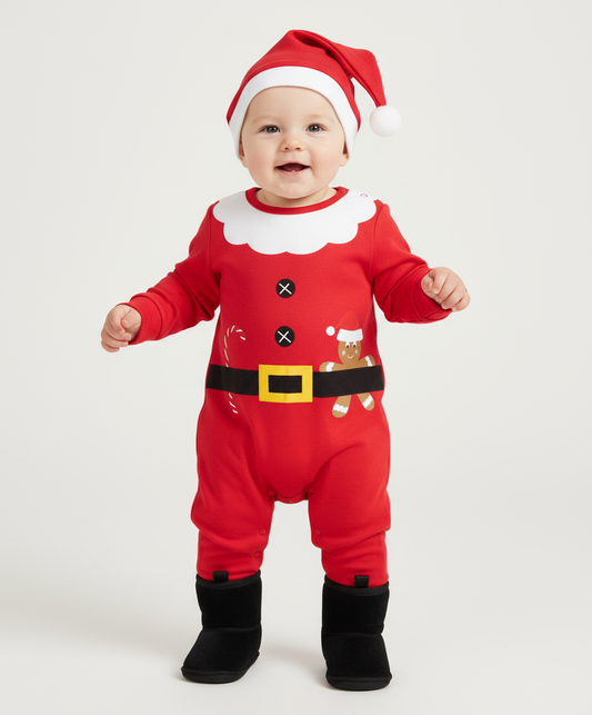 Adorable Baby Santa Jumpsuit & Hat Set - Soft Fabric, Easy Snap Closures, Holiday Fun , Jumpsuit