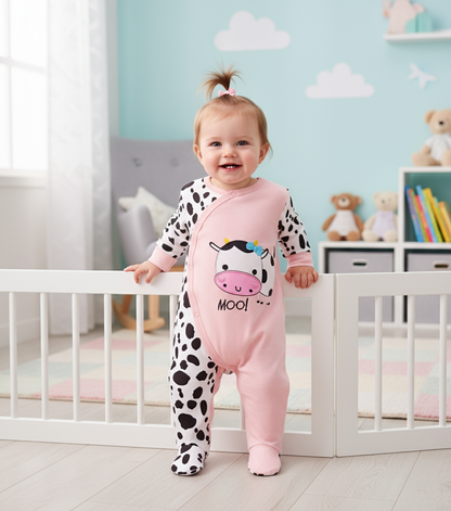 Cute Cow Print Baby Jumpsuit in Soft Cotton for Girls with Footed Design & Snap Closure worn by a toddler standing confidently, showcasing the fun cow design.