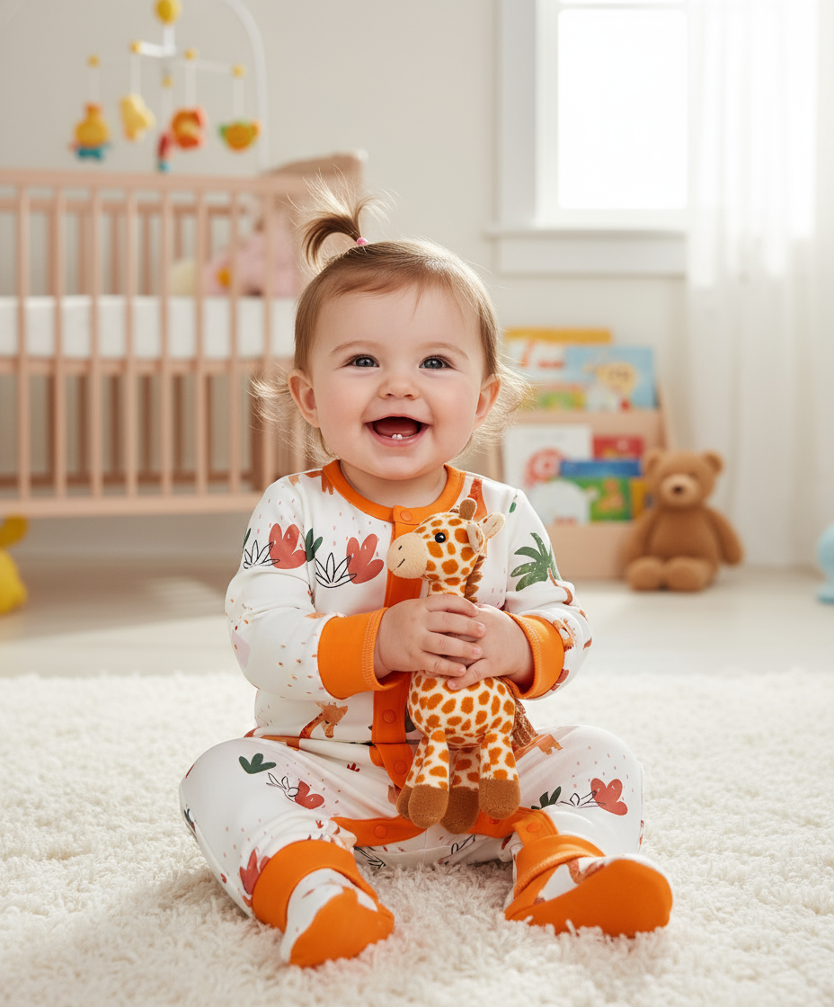 Happy baby girl wearing the Little Explorer Giraffe Baby Girl Jumpsuit, featuring a cute giraffe pattern baby outfit, holding a toy giraffe in a cozy nursery setting.