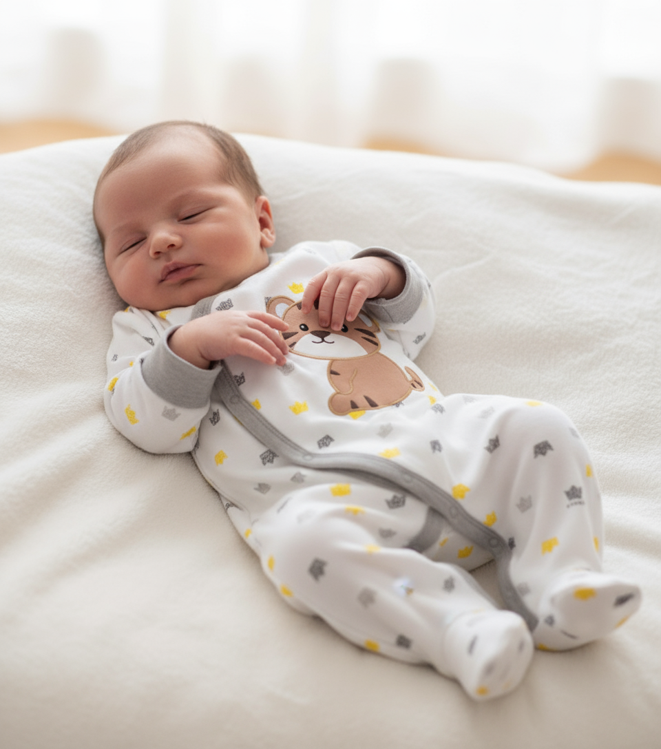 Sleeping baby in a serene setting wearing the King Bear Crown Cotton Footed Jumpsuit for Baby Boys, a soft cotton baby jumpsuit ideal for comfort.