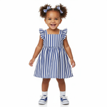 Happy toddler girl dress model in Vintage Blue & White Striped A-Line Dress with Flutter Sleeves & Frills, complete with matching accessories and sneakers.