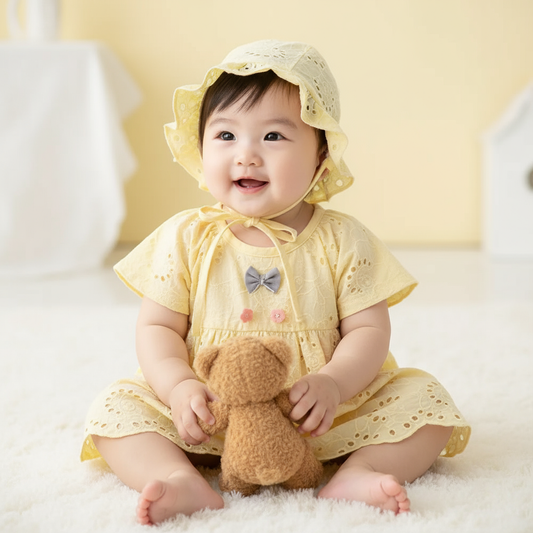 Happy baby girl wearing a yellow baby romper dress with matching hat, sitting on a soft rug, holding a teddy bear. Perfect for summer outings!