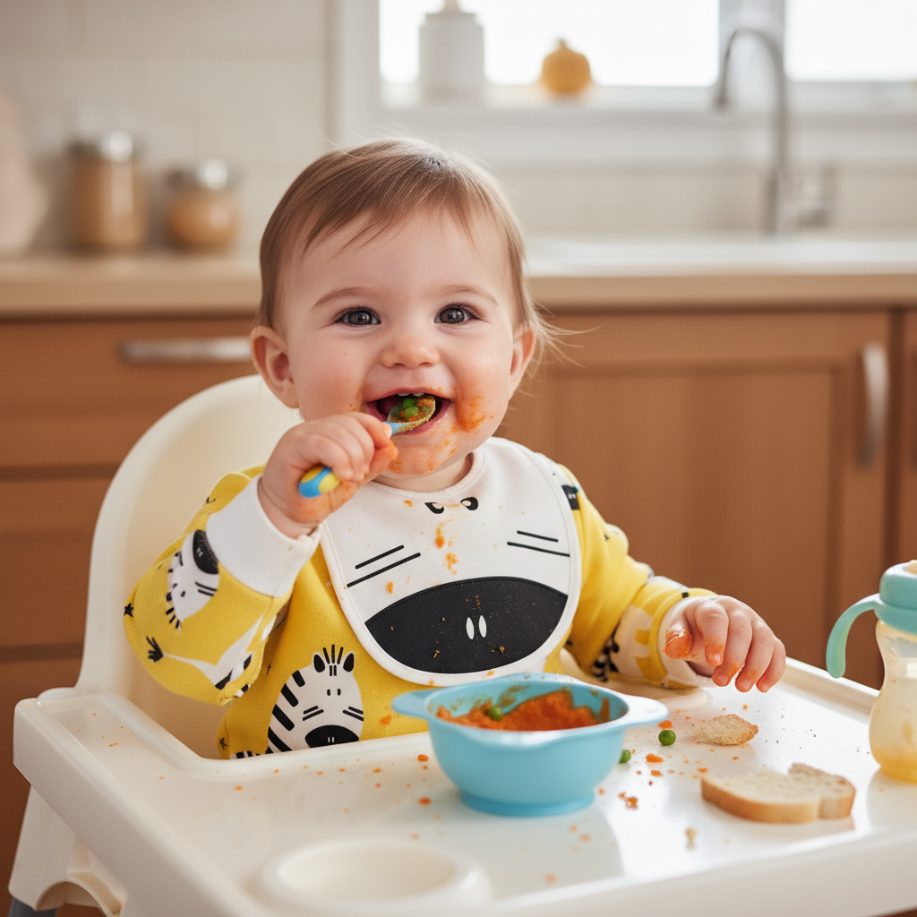 A happy baby enjoying mealtime while wearing the Baby Zebra Jumpsuit With Matching Bib, showcasing the cozy unisex yellow outfit that's perfect for all day fun.