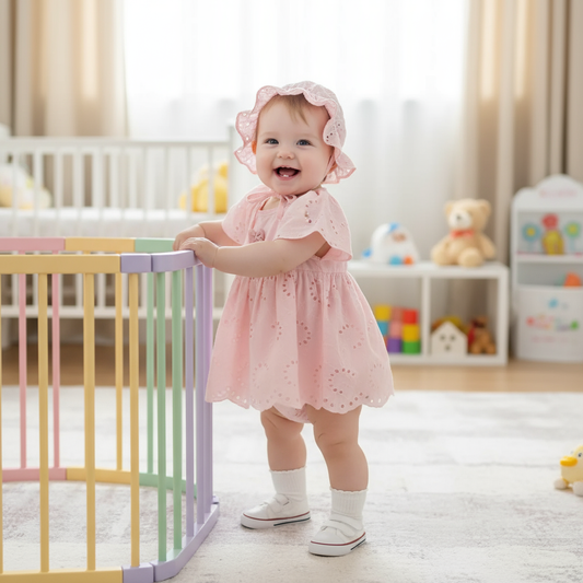 A smiling baby girl wearing a pink cotton romper dress with matching hat, playing next to a colorful playpen. Perfect for summer outings!