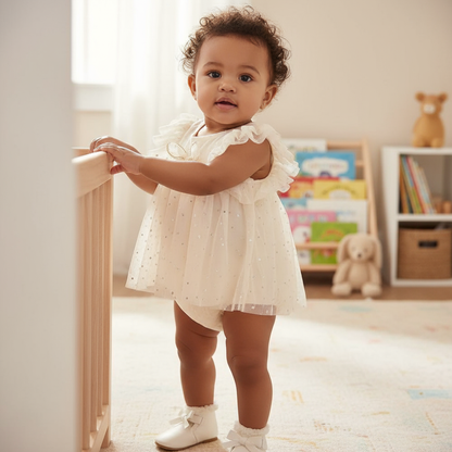 Cute baby girl standing with support, wearing a Baby Girl Romper Dress - Ivory with Sparkle Accents, Bow Detail & Ruffled Sleeves, highlighting her adorable look.