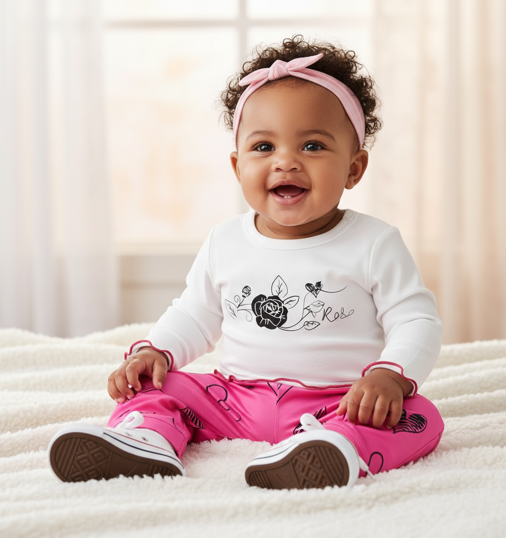 Happy baby girl wearing a Little Lovebug Baby Girl Clothing Set with a cute white top featuring floral designs and bright pink pants, sitting on a soft blanket.