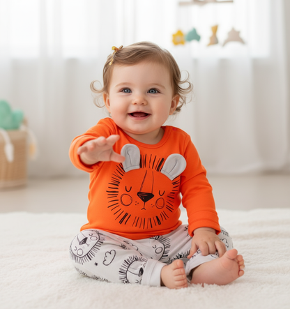 Happy baby wearing the Unisex Lion Rawr Baby Bodysuit Set, featuring a cute lion design and snug pants, perfect for playful adventures.