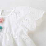 Baby Girl Cotton Romper Dress With Matching Hat – Soft, Breathable, Floral Design, Easy Diaper Access showing delicate lace sleeve detail
