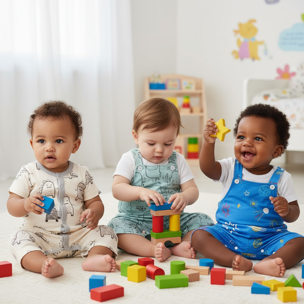Three babies playing together, each wearing colorful unisex baby rompers with adorable elephant prints, perfect for playdates and adventures.