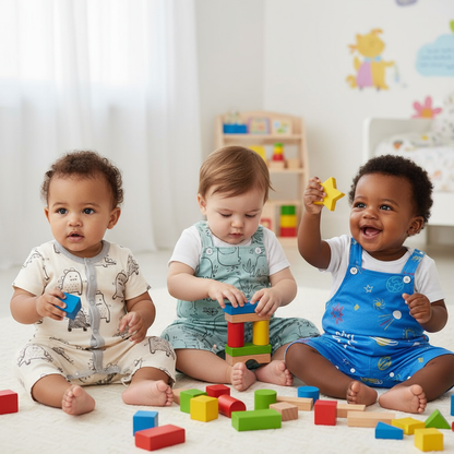 Three babies playing together, each wearing colorful unisex baby rompers with adorable elephant prints, perfect for playdates and adventures.