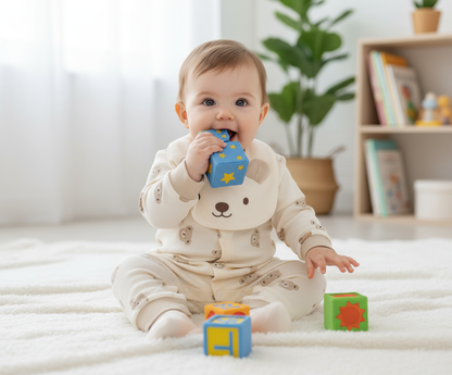 Infant enjoying playtime with blocks while wearing the Baby Bear Jumpsuit & Bib Set for Infants - Soft Cotton, Unisex Design with Easy Snap Closures, showcasing the adorable bear design.