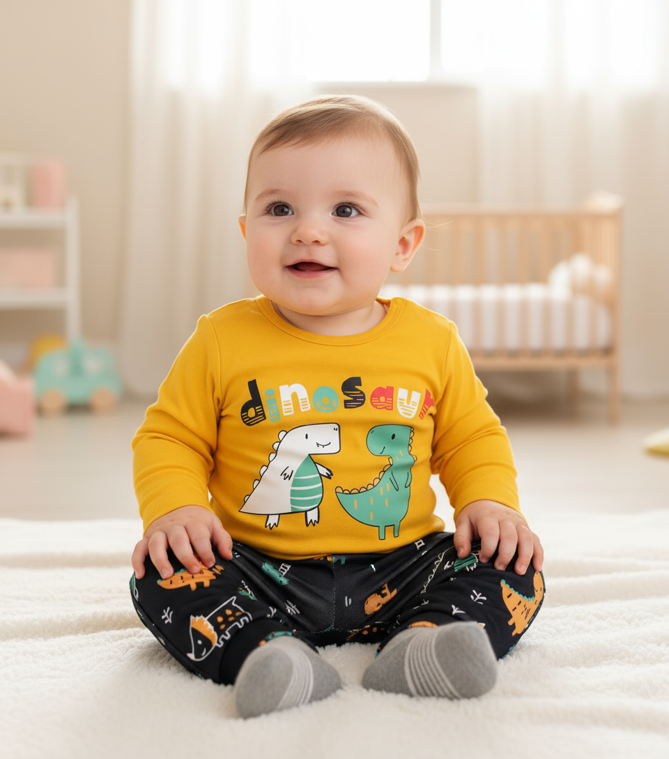 Happy baby wearing the Adorable Dinosaur Baby Bodysuit & Pants Set, featuring a vibrant dinosaur print, perfect for comfort and play. A stylish dinosaur baby bodysuit ideal for little explorers.
