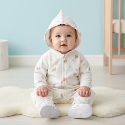 Organic Baby Hoodie - Plush Fleece with Adorable Fox Design, showcasing a cute baby wearing the super soft unisex hoodie in a bright room.