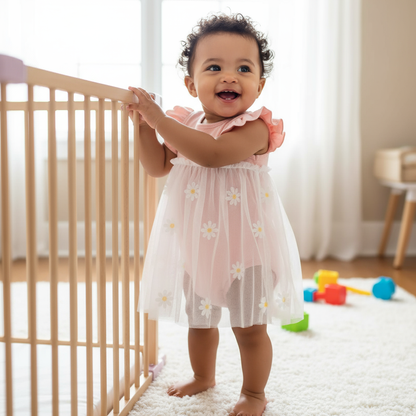 Smiling toddler standing next to a play area, dressed in an Adorable Pink Daisy Baby Girls' Romper Dress, made of breathable cotton dress with cute ruffled sleeves.