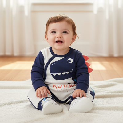 Happy baby wearing a Soft Cotton Baby Dinosaur Jumpsuit with Cute Design, featuring long sleeves and easy snap closure, smiling while sitting on a soft blanket.