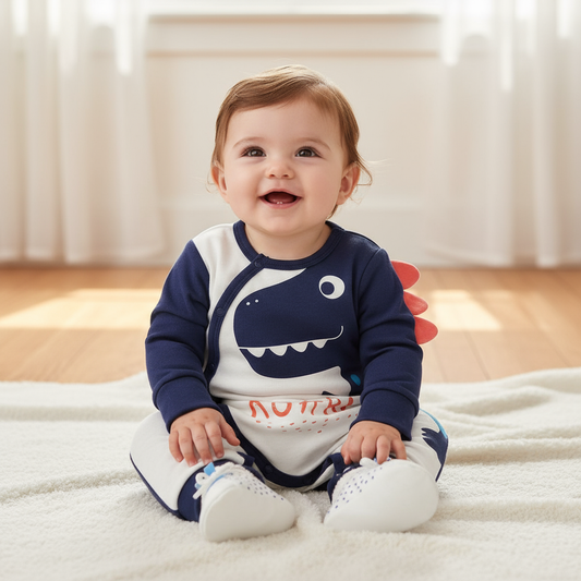 Happy baby wearing a Soft Cotton Baby Dinosaur Jumpsuit with Cute Design, featuring long sleeves and easy snap closure, smiling while sitting on a soft blanket.