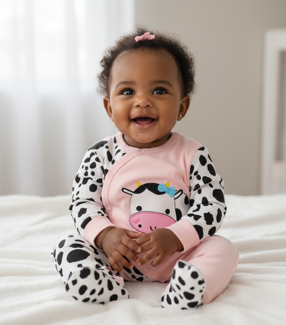 Cute Cow Print Baby Jumpsuit in Soft Cotton for Girls with Footed Design & Snap Closure featuring a happy baby girl smiling while wearing the adorable outfit.