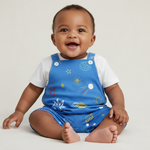 Happy baby wearing a cozy baby blue romper with star print by Hushies, showcasing a big smile and round cheeks, perfect for playful moments.