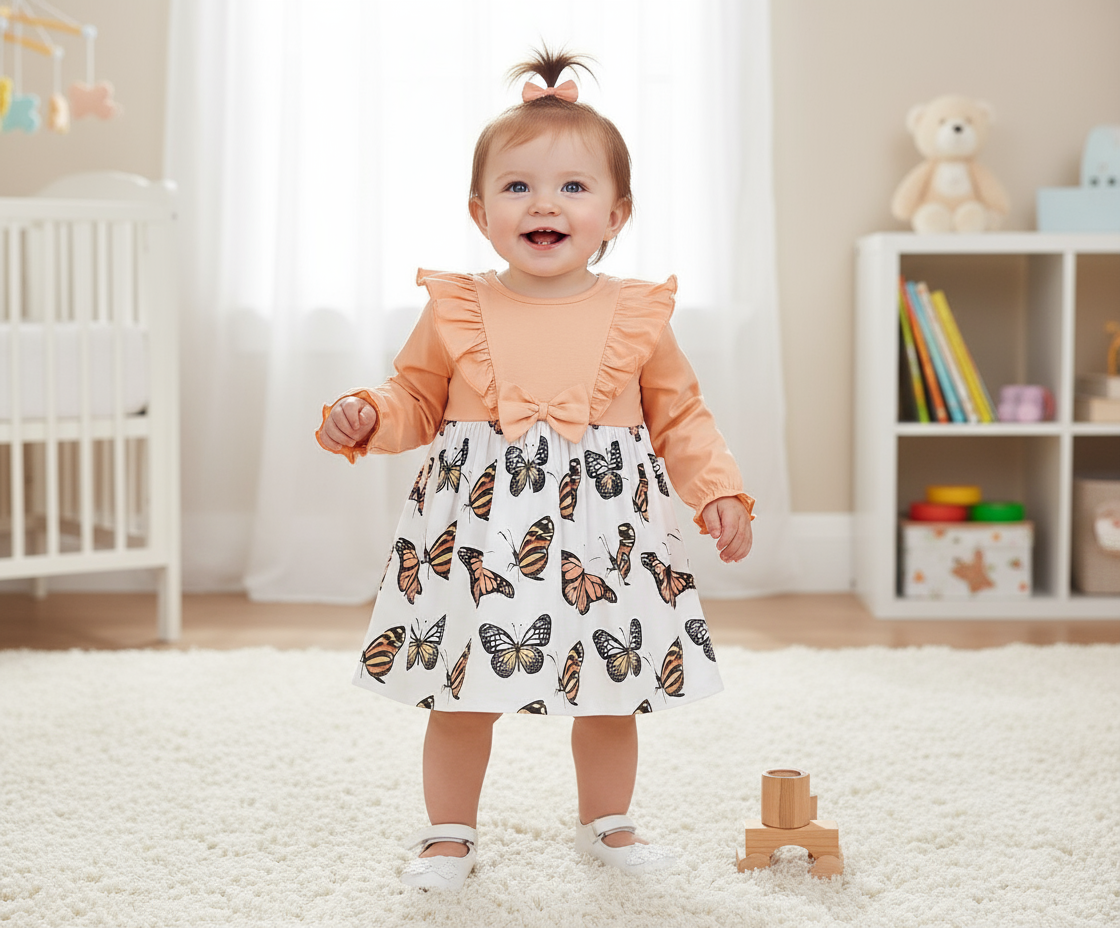 Smiling baby wearing an Adorable Baby Butterfly Dress with long sleeves, showcasing a vibrant orange bodice and butterfly designs, ideal for special occasions.