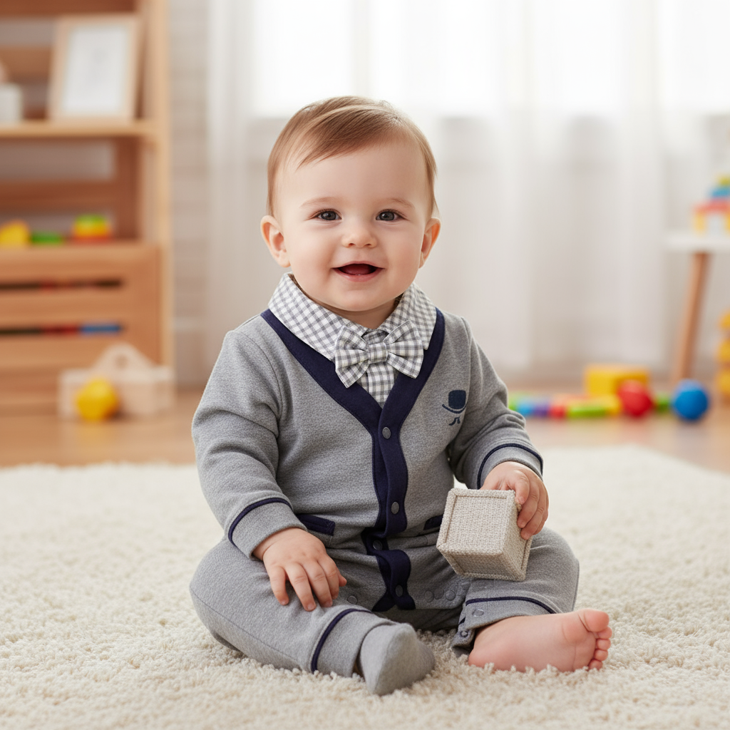 Baby Boy Cotton Gentleman Outfit - A smiling baby wearing a soft, stylish cotton gentleman outfit, featuring a gray jumpsuit with a checkered collar, sitting on a carpet.
