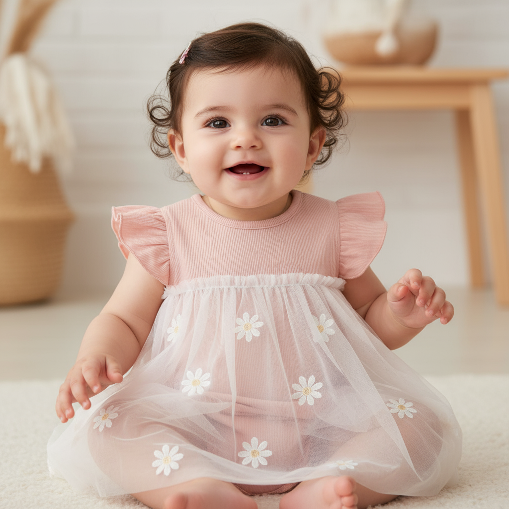 Happy baby girl wearing an Adorable Pink Daisy Baby Girls' Romper Dress, featuring a breathable cotton dress with ruffled sleeves and a floral design.