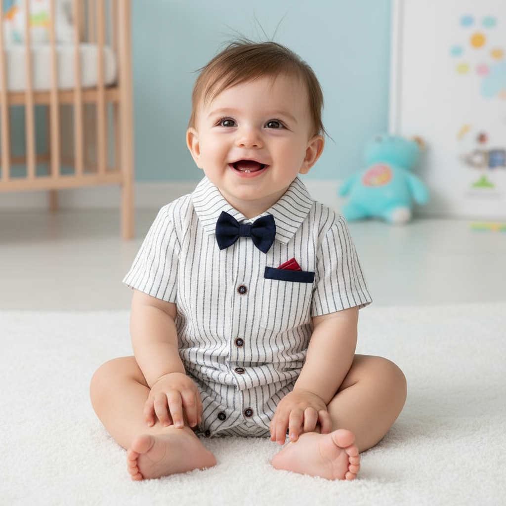 Baby Outfit With Bow Tie: Hushies Striped Jumpsuit for Boys - Soft & Stylish Comfort, showcasing a happy baby sitting on a rug in a playful striped jumpsuit with bow tie, exuding cuteness.