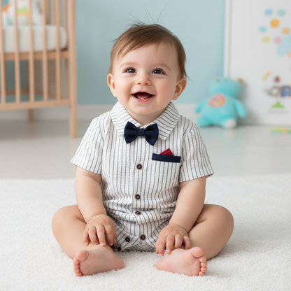 Baby Outfit With Bow Tie: Hushies Striped Jumpsuit for Boys - Soft & Stylish Comfort, showcasing a happy baby sitting on a rug in a playful striped jumpsuit with bow tie, exuding cuteness.