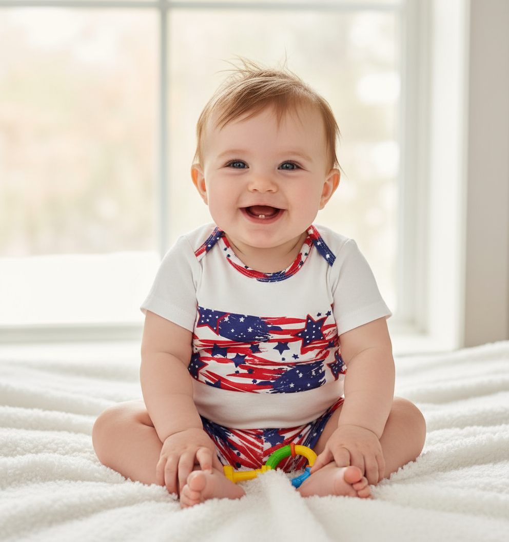 A smiling baby wearing the Unisex Little Patriot All American Clothing Set, sitting on a cozy white blanket with colorful toys, showcasing adorable Baby fourth of July apparel.