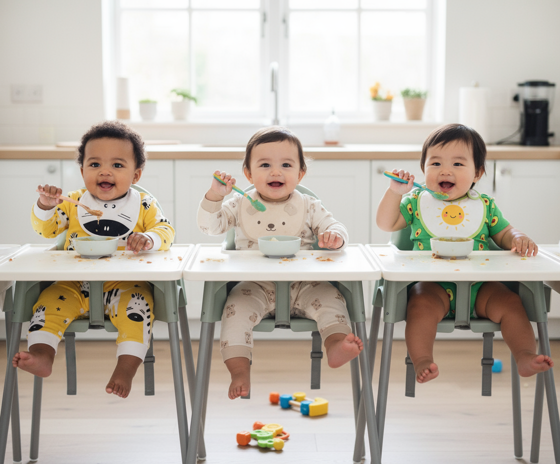 Three cheerful babies sitting in high chairs, each wearing their Baby Zebra Jumpsuit With Matching Bib, enjoying their meal and having fun in stylish outfits.