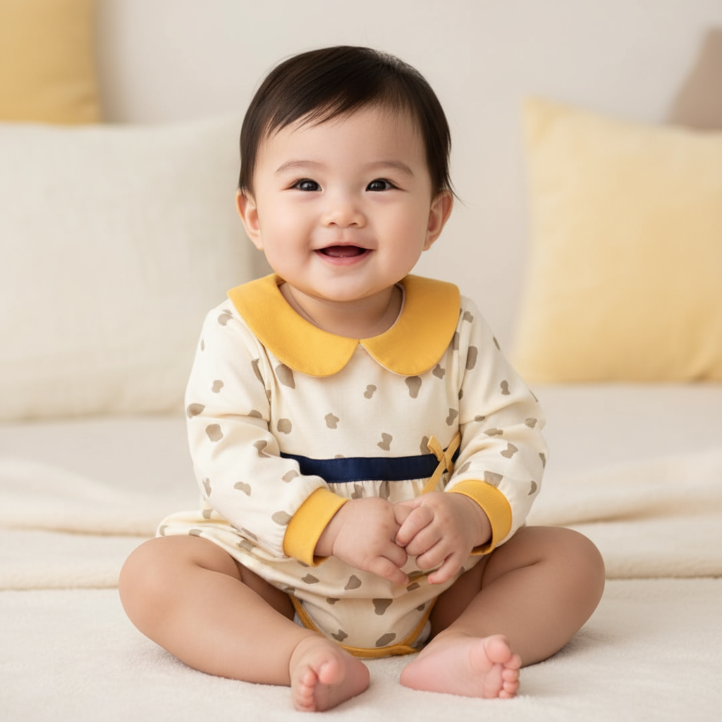 Soft Cotton Baby Bodysuit with Adorable Dots, Chic Collar, and Stylish Bow for Girls; a happy baby wearing this cute cotton baby bodysuit sits on a cozy blanket.