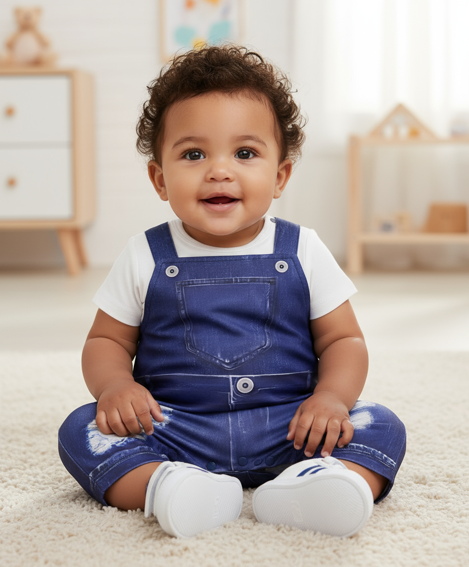 Happy baby sitting on a soft rug wearing a Unisex Denim Dream Print Romper by Hushies, showcasing a stylish and comfortable design, perfect for playtime.