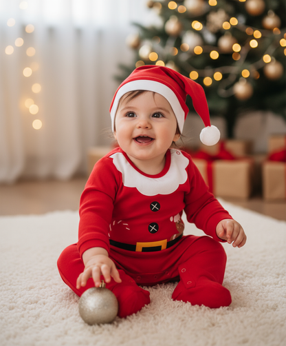 Adorable Baby Santa Jumpsuit & Hat Set - Soft Fabric, Easy Snap Closures, Holiday Fun , Jumpsuit