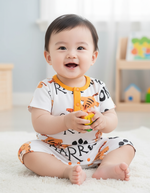 Little Roar Baby Boy Romper worn by a smiling baby boy holding a colorful toy, showcasing a playful design of tigers and paw prints.