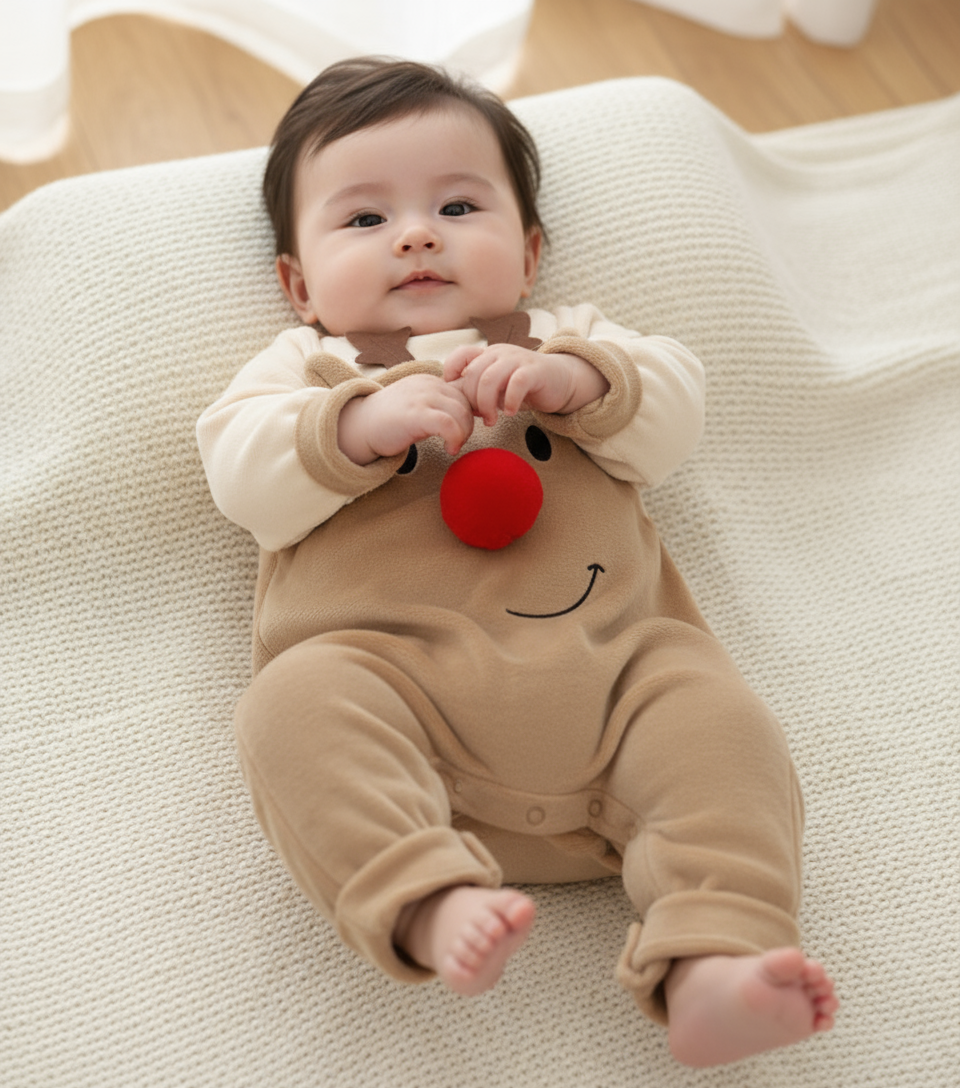 Adorable Reindeer Baby Jumpsuit - Cozy Gender Neutral Outfit for Festive Holidays, showcasing a baby lying on a blanket in a cute reindeer jumpsuit, ideal for Christmas photos.