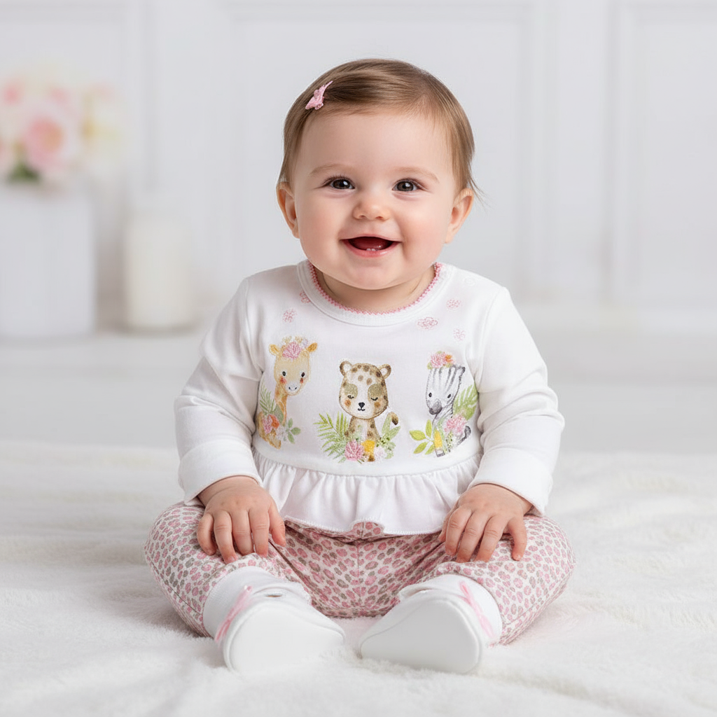 Smiling baby girl sitting and wearing the Baby Girl Deer Heart Jumpsuit, Soft Cotton, Long Sleeve by Hushies, showcasing its playful design and soft fabric.