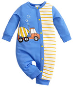 Baby Boy Tiny Builder Jumpsuit, the front view of a stylish builder themed baby outfit in blue with a truck design and striped accents, designed for comfort and fun.