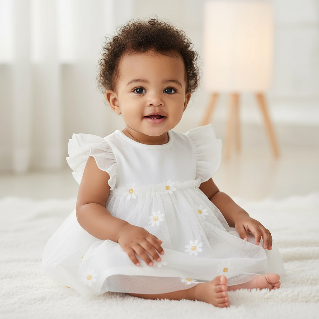 Adorable baby girl wearing the Charming Daisy Romper Dress, sitting on a soft rug and displaying her joyful expression, perfect for showcasing the playful charm of the baby girl romper.