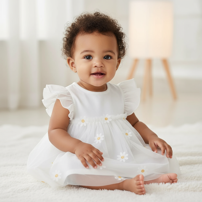 Adorable baby girl wearing the Charming Daisy Romper Dress, sitting on a soft rug and displaying her joyful expression, perfect for showcasing the playful charm of the baby girl romper.