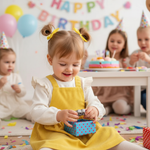 Toddler opening a gift while wearing a yellow long sleeve dress, surrounded by friends at a birthday party, highlighting the playful design of the dress.