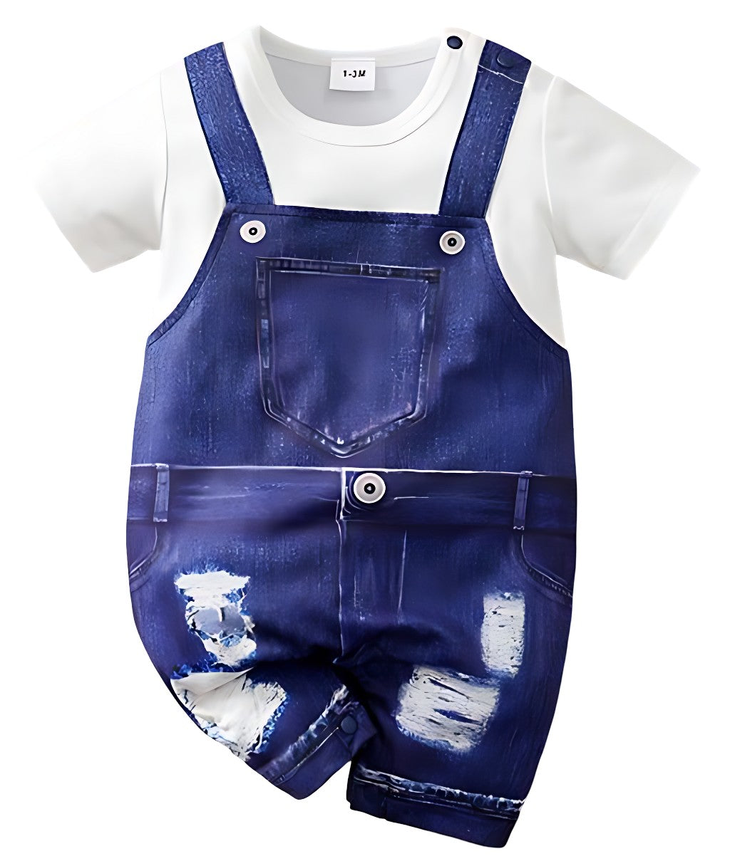 Close-up of a stylish Unisex Denim Dream Print Romper by Hushies, highlighting its soft fabric and playful denim design for babies.