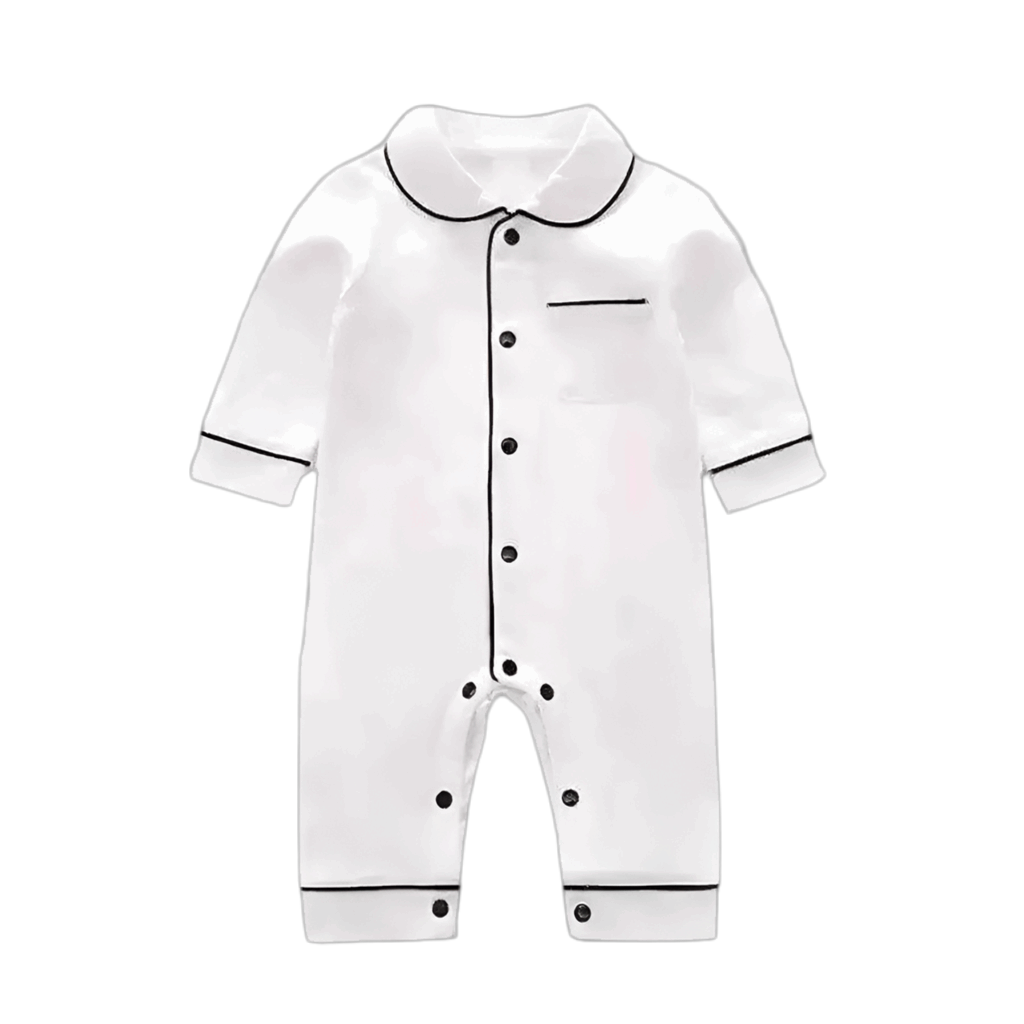 Flat lay image of Soft Cotton Baby Pajamas with Button Closure & Long Sleeves in classic white color, ideal for baby sleepwear.