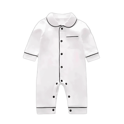 Flat lay image of Soft Cotton Baby Pajamas with Button Closure & Long Sleeves in classic white color, ideal for baby sleepwear.