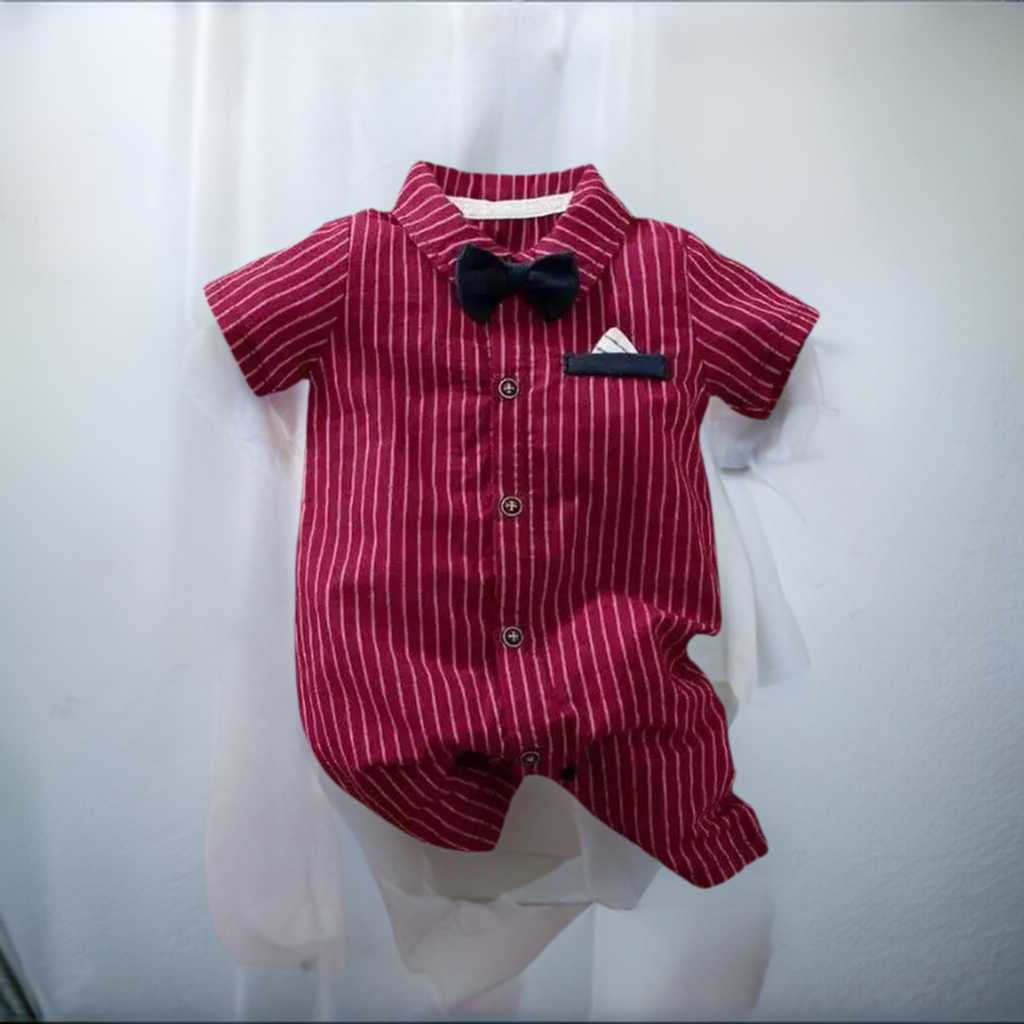 Baby Boy Stripe/Plaid Gentleman Bow Tie Short-sleeve Snap Splice Jumpsuit