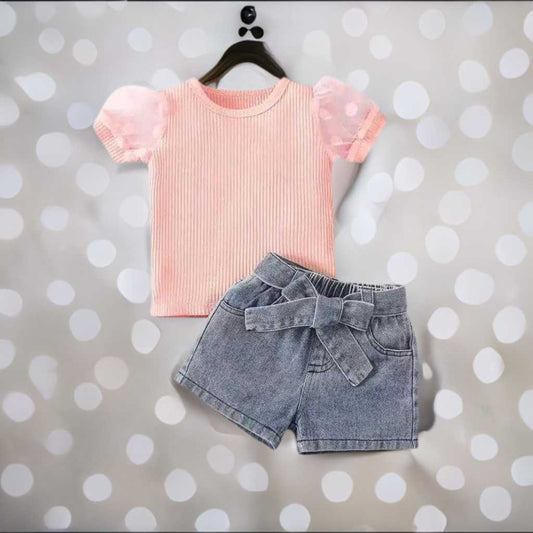 Toddler Girls Poke a Dot Sleeve Short Top and Short Denim Shorts - Premium  from Hushies - Just $24.69! Shop now at Hushies