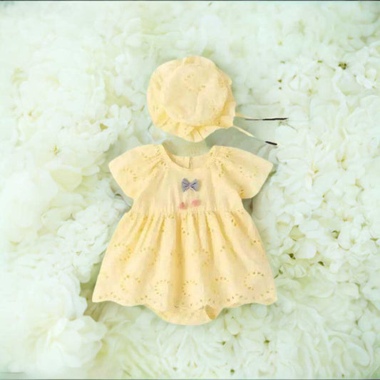Baby Girl Cotton Yellow Romper Dress with Hat - Premium Dress from Hushies - Just $22.09! Shop now at Hushies