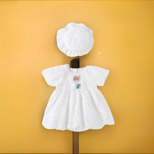 Baby Girl Cotton White Romper Dress with Hat - Premium Dress from Hushies - Just $22.09! Shop now at Hushies