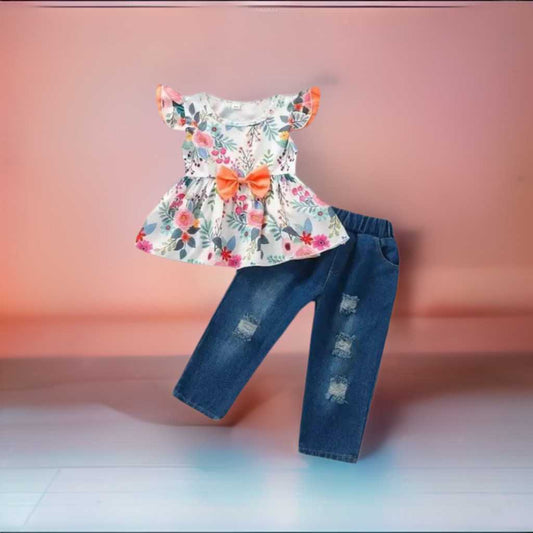 Toddler Girls Floral Peplum Top & Denim Pants - Premium  from Hushies - Just $25.99! Shop now at Hushies
