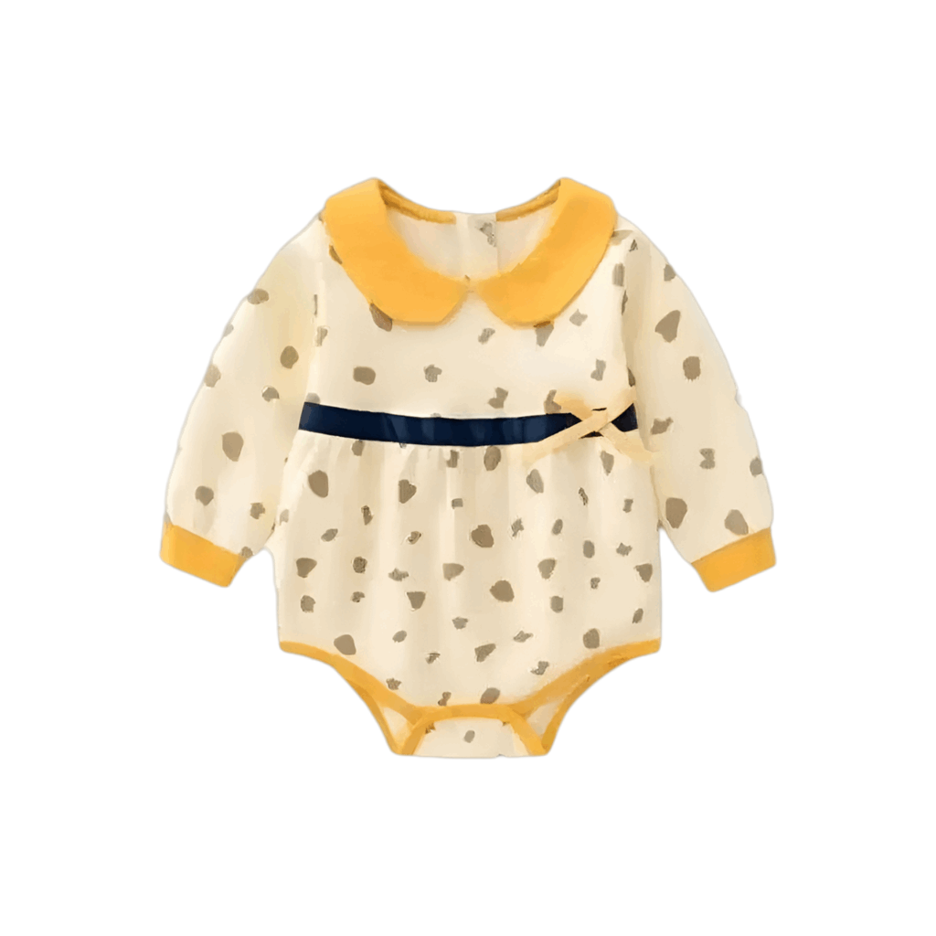 Soft Cotton Baby Bodysuit with Adorable Dots, Chic Collar, and Stylish Bow for Girls; a flat lay image of the charming cotton baby bodysuit featuring polka dots and a stylish bow.
